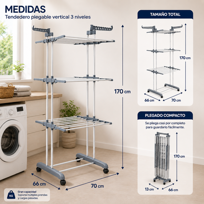 Tendedero plegable vertical de 3 niveles