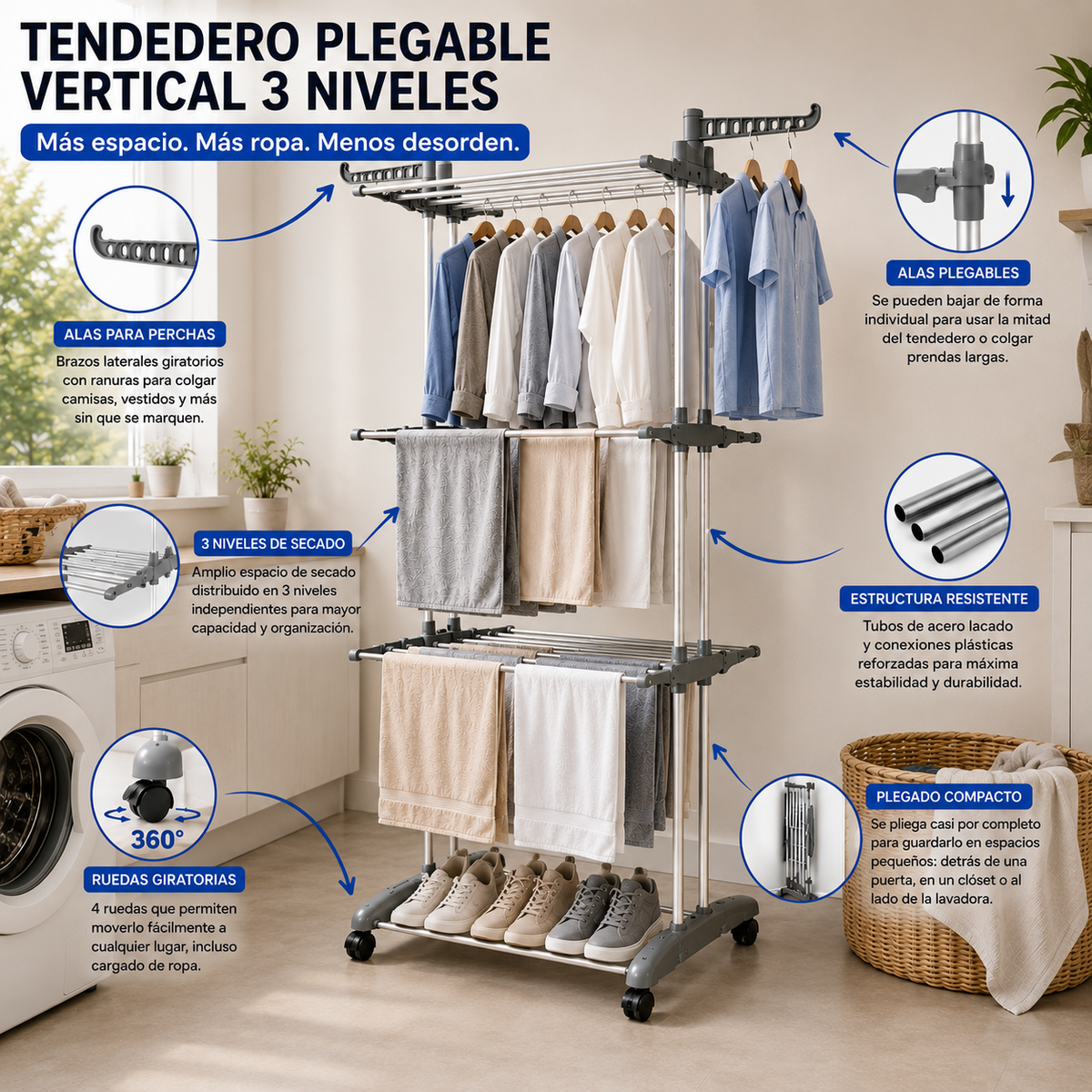 Tendedero plegable vertical de 3 niveles