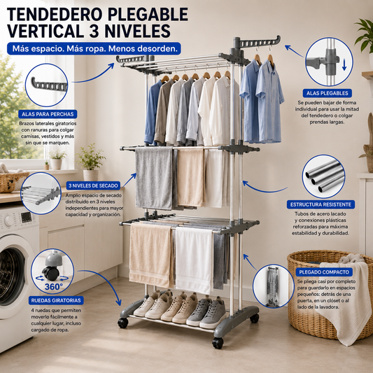 Tendedero plegable vertical de 3 niveles
